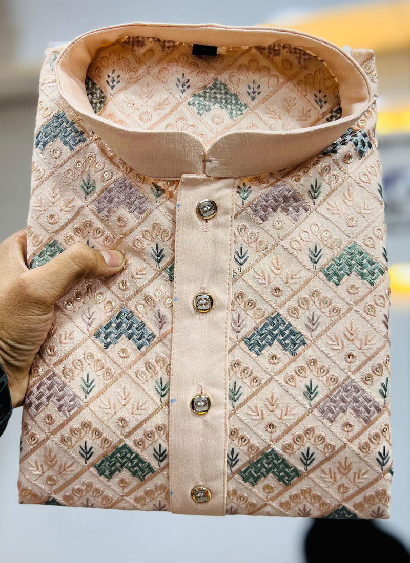 Cream Italian Silk Embroidered Kurta Pajama for Baby Boys