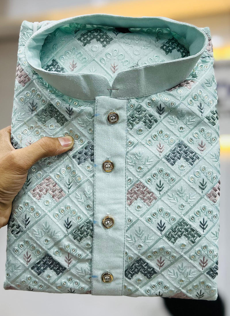 Sky Blue Italian Silk Embroidered Kurta with Pajama Set