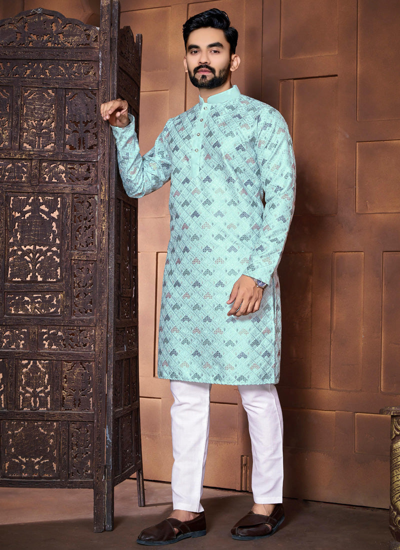 Sky blue Italian silk embroidered kurta with pajama set for boys