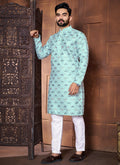 Sky blue Italian silk embroidered kurta with pajama set for boys