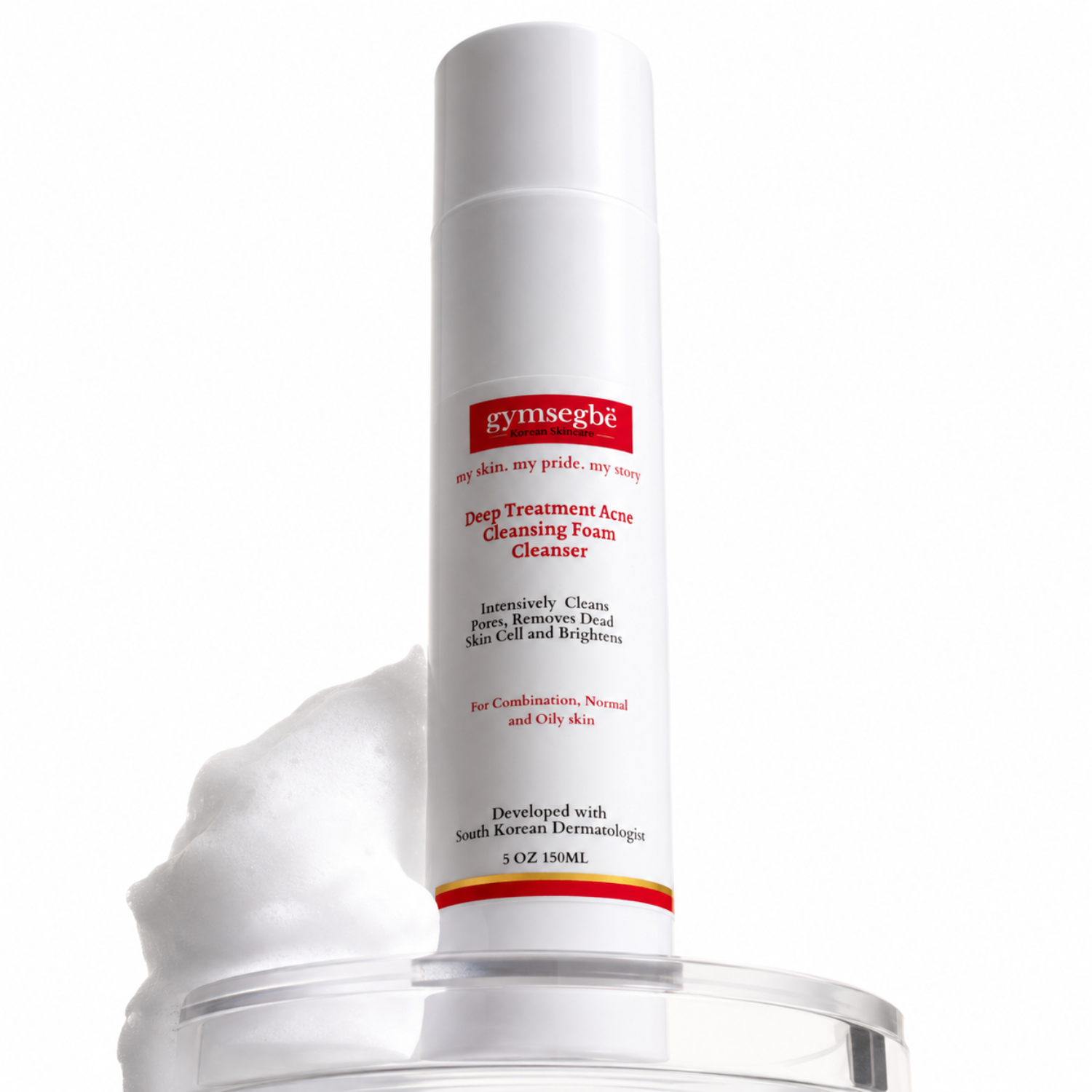 White and red bottle of Gymsegbë Deep Treatment Acne Cleansing Foam