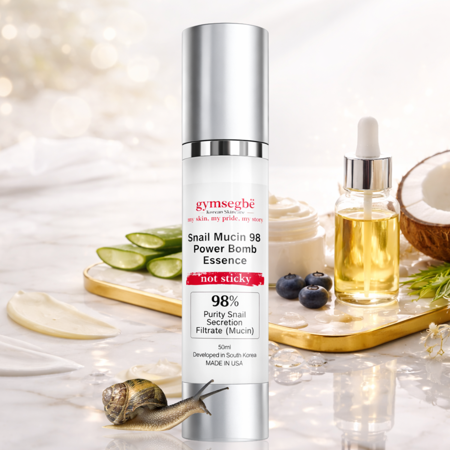 50ml bottle of Snail Mucin 98 Power Essence in a minimalist white and silver clinical packaging.