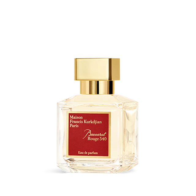 Maison Francis Kurkdjian Baccarat Rouge 540 Eau de Parfum bottle in gold, red, and clear glass.