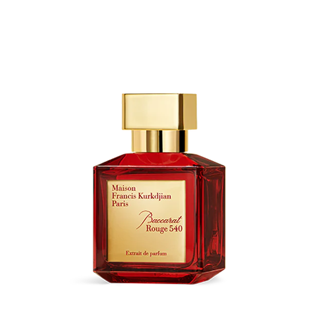 Maison Francis Kurkdjian Baccarat Rouge 540 Extrait de Parfum glass bottle with red and gold accents.