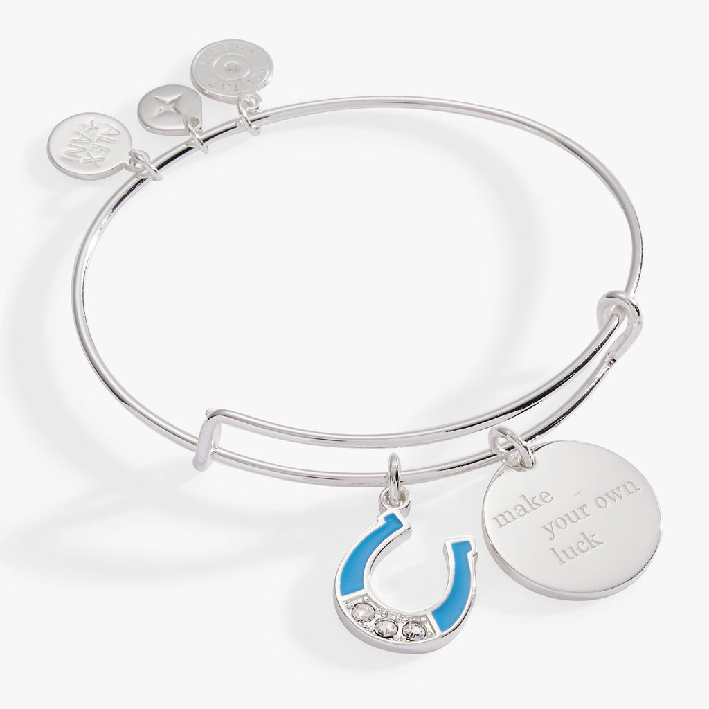 Expandable wire bangle with 'Make Your Own Luck' engraving and crystal horseshoe charm