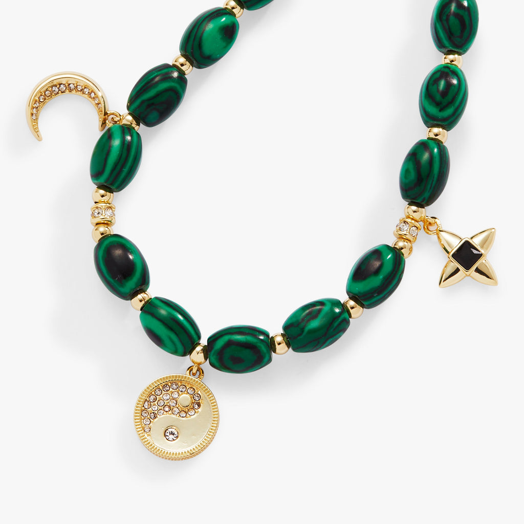 Malachite Yin-Yang and Moon Charm Spiritual Bangle