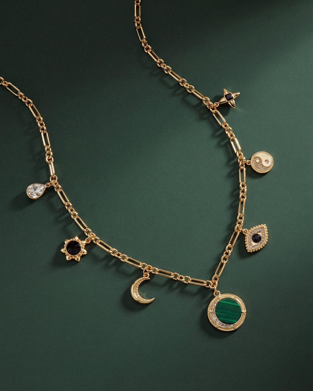 Malachite Charm Necklace Gold Celestial Yin-Yang and Evil Eye