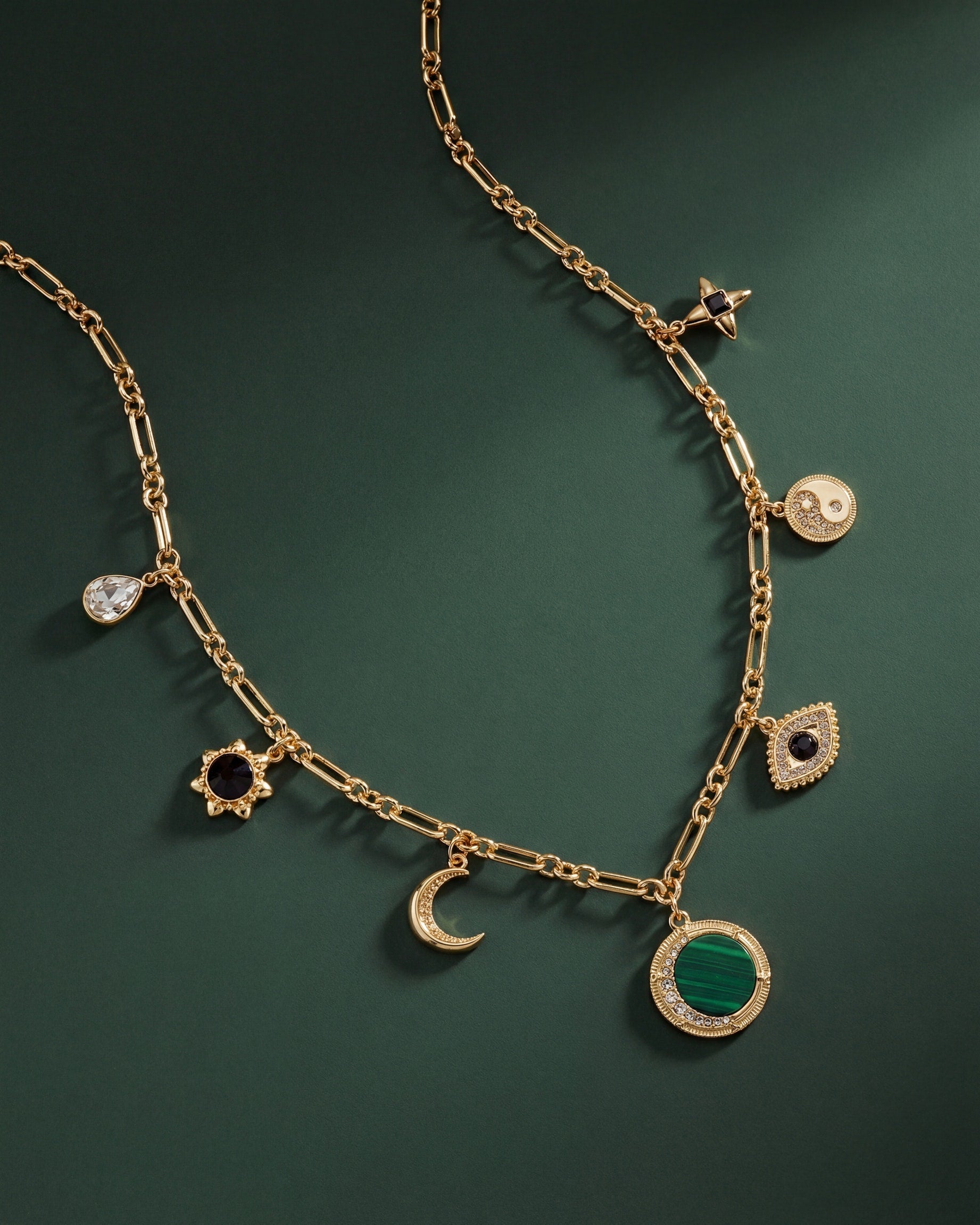 Malachite Charm Necklace Gold Celestial Yin-Yang and Evil Eye