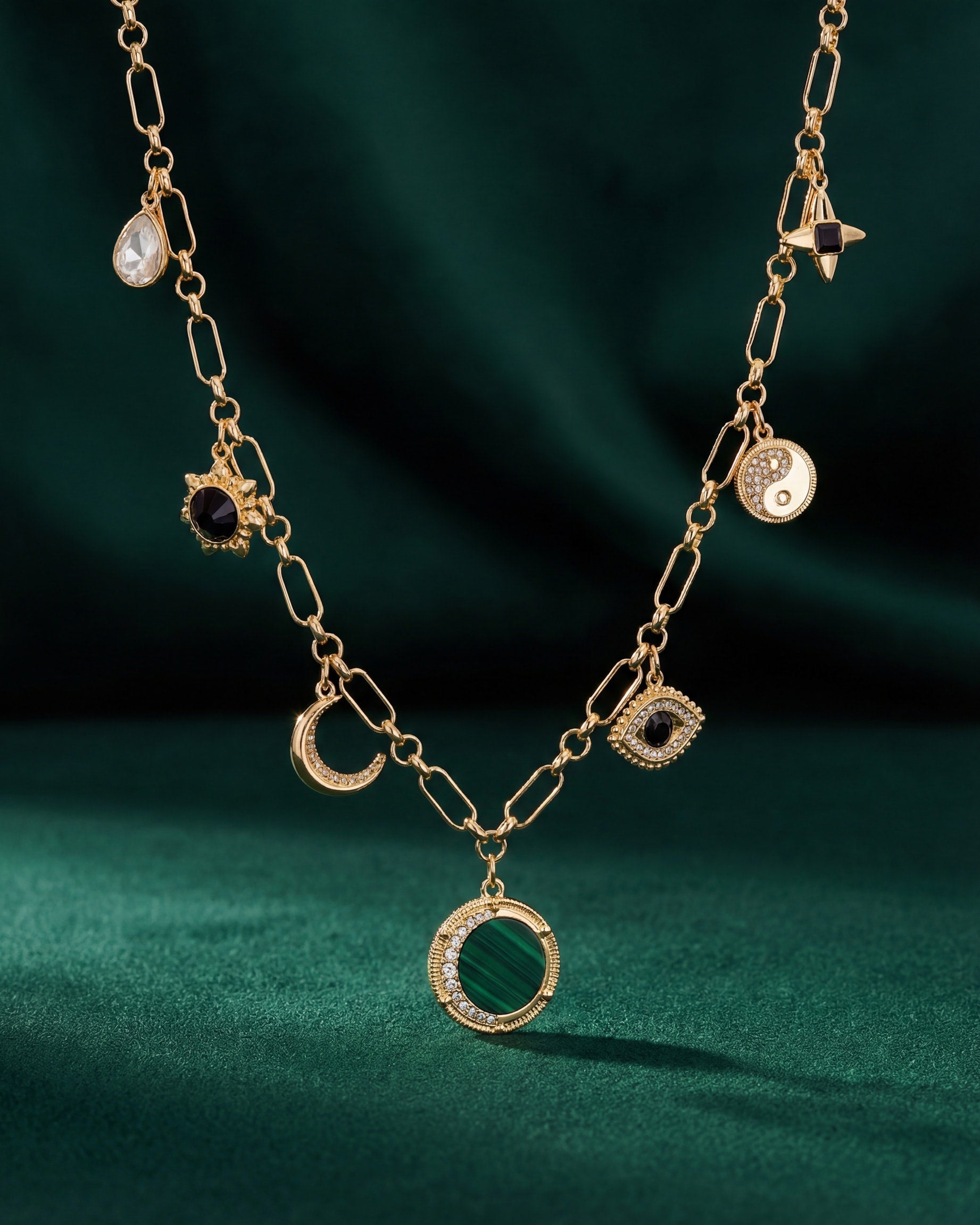 Malachite Charm Necklace Gold Celestial Yin-Yang and Evil Eye