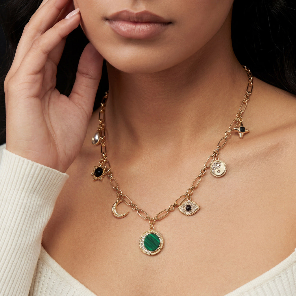 Malachite Charm Necklace Gold Celestial Yin-Yang and Evil Eye