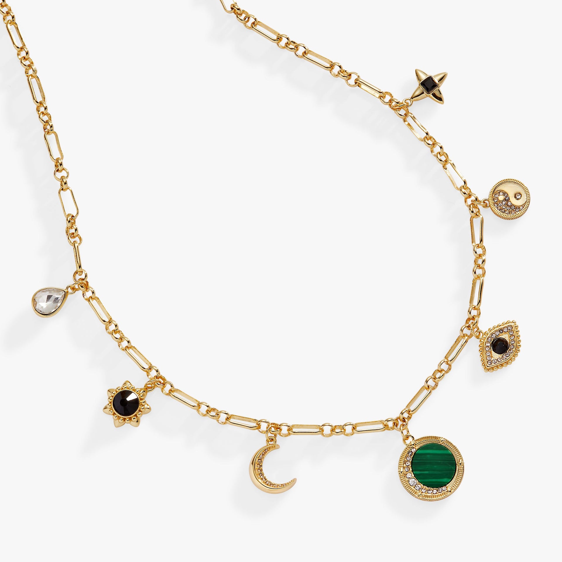 Malachite Charm Necklace Gold Celestial Yin-Yang and Evil Eye