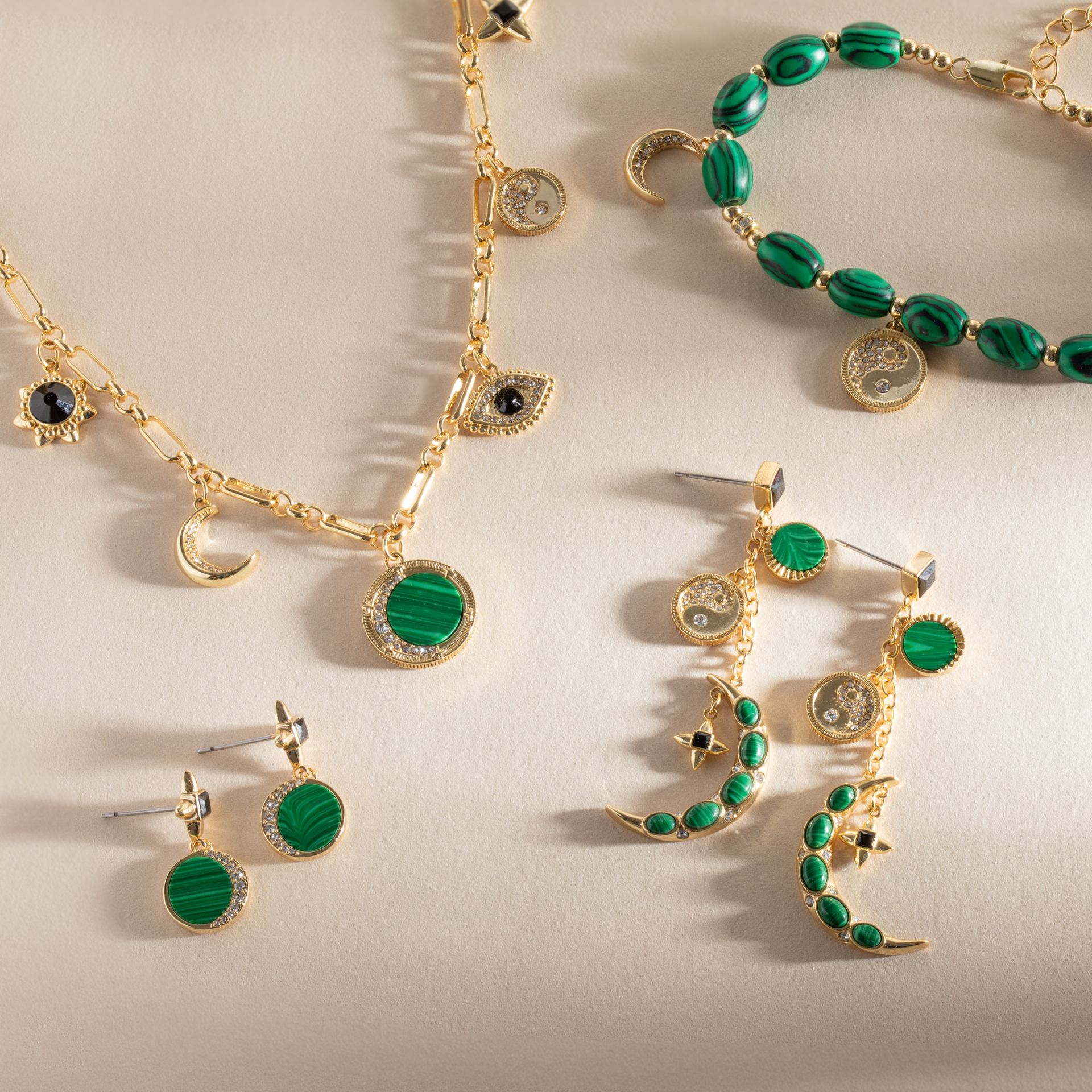 Gold-Plated Malachite Drop Earrings with Crystal Celestial Accents