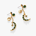 Long gold-plated dangling earrings featuring forest green malachite stones, yin-yang accents, and moon charms.