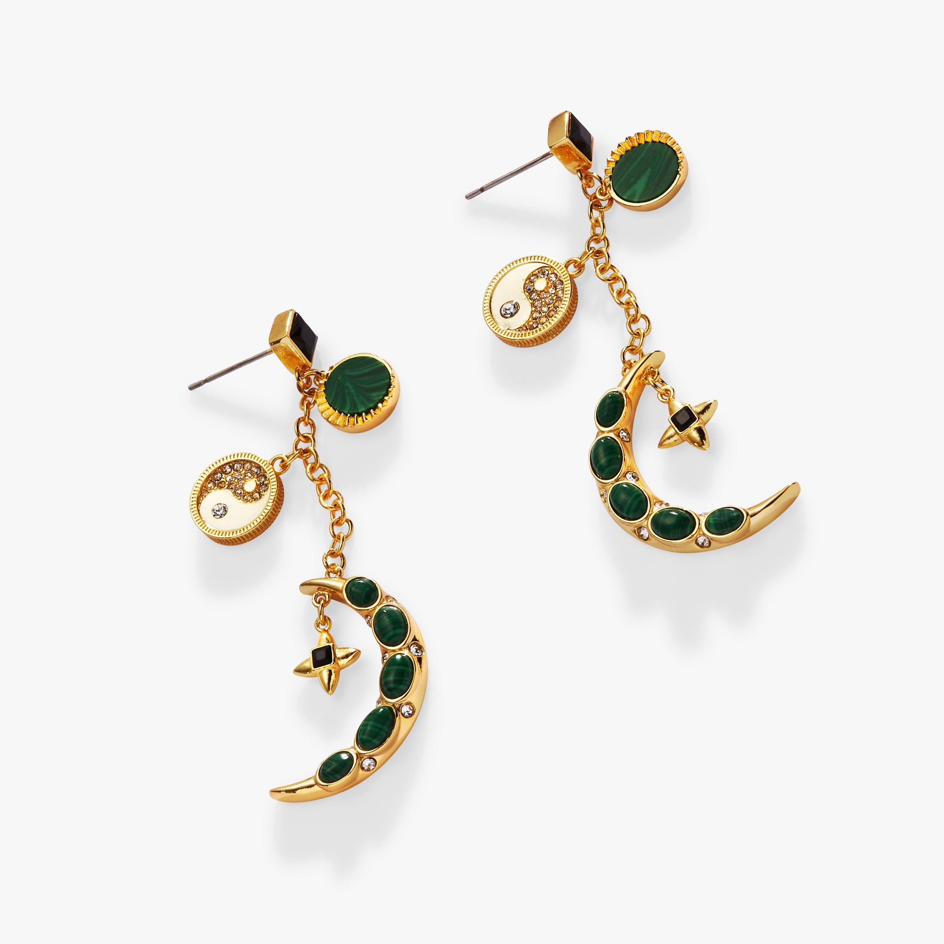 Long gold-plated dangling earrings featuring forest green malachite stones, yin-yang accents, and moon charms.