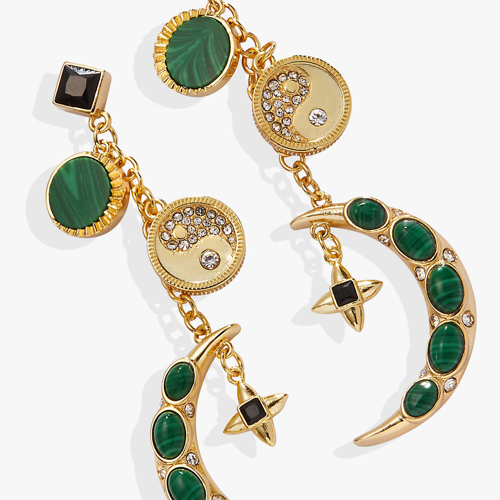 Gold-Plated Malachite Charm Earrings with Yin-Yang & Moon Accents