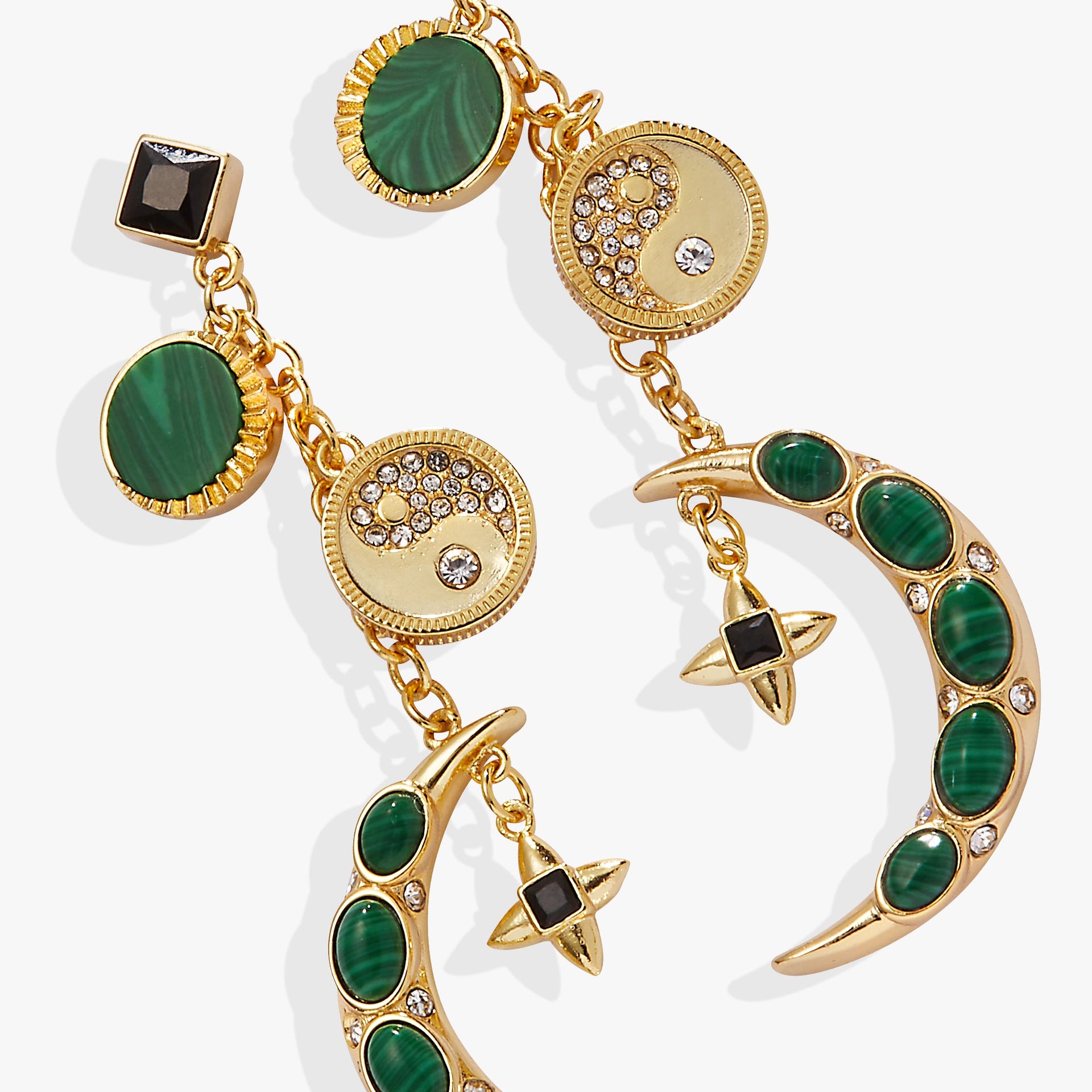 Gold-Plated Malachite Charm Earrings with Yin-Yang & Moon Accents