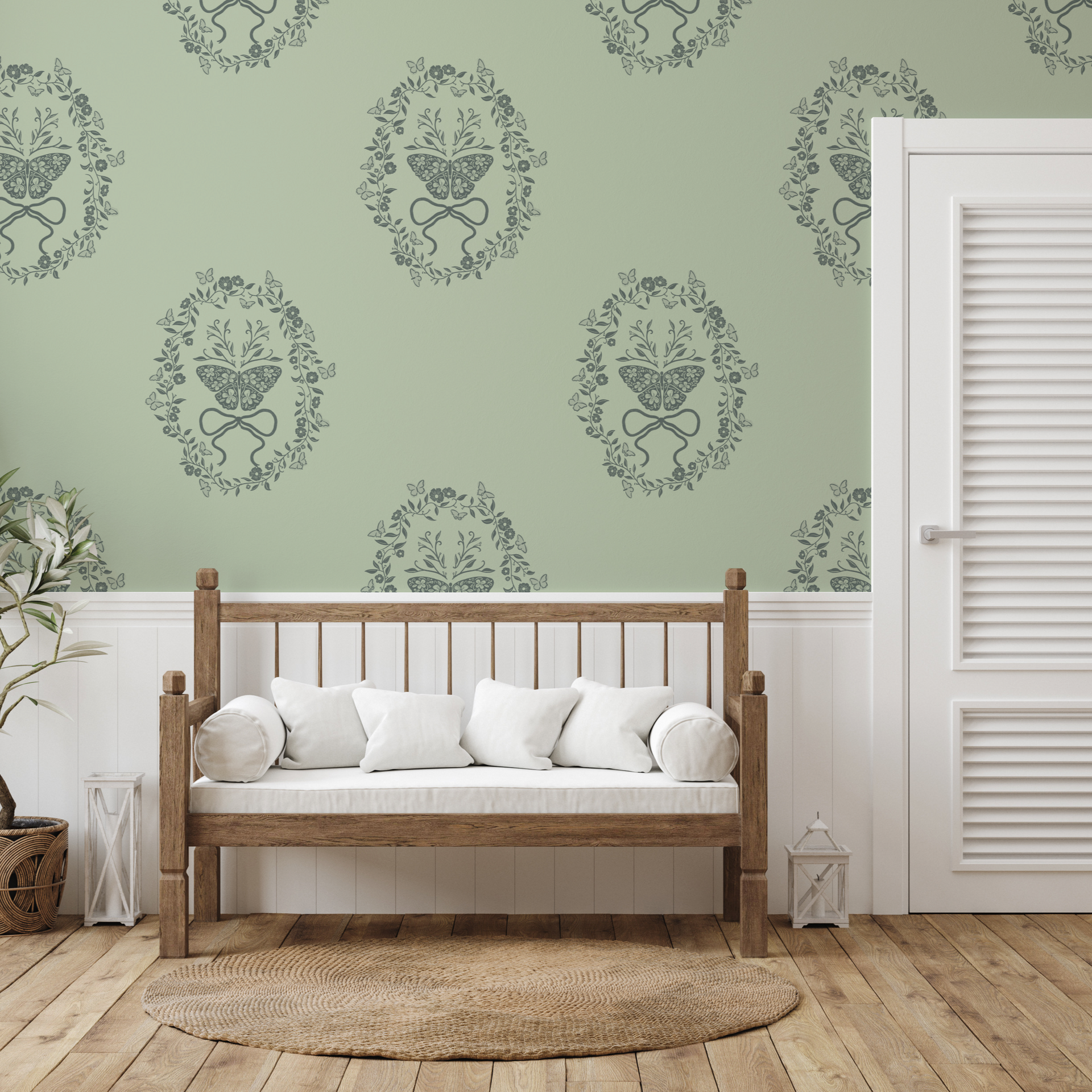 Mallory sage green and blush pink floral wallpaper with a romantic vintage vibe