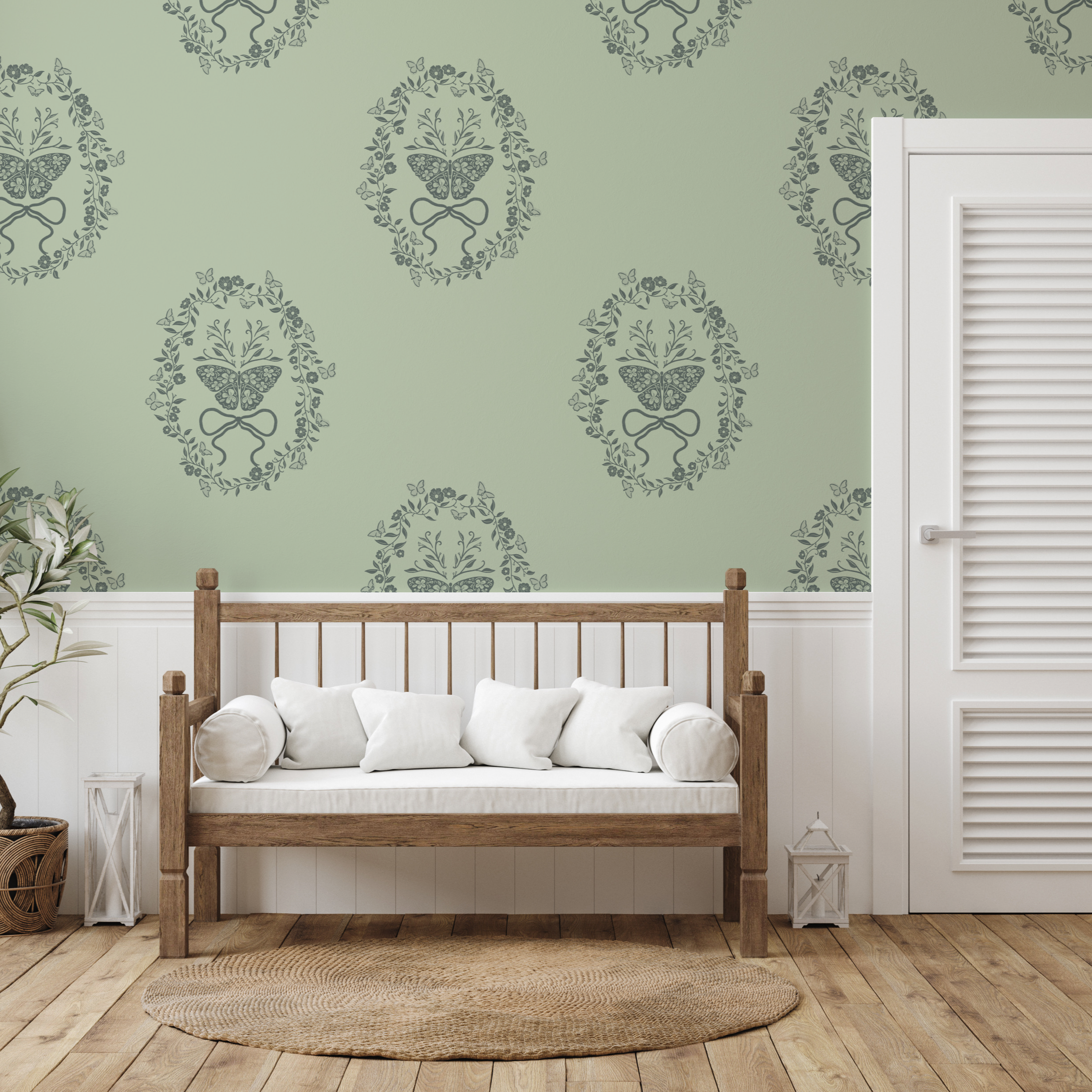 Mallory sage green and blush pink floral wallpaper with a romantic vintage vibe