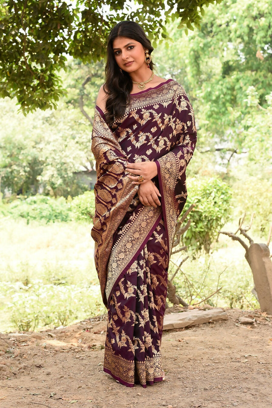 Joban Fashion Wine Banarasi Soft Pure Handloom Banarasi Silk Saree