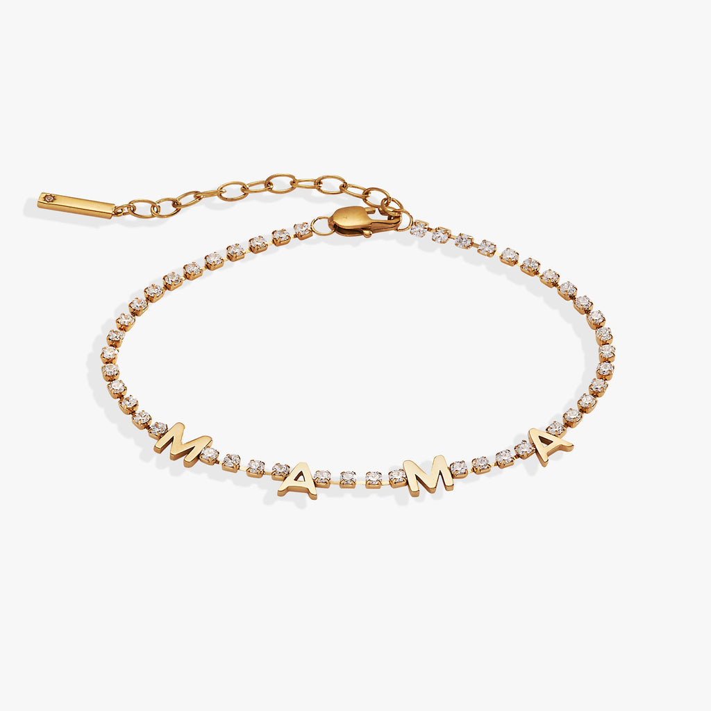 Gold-tone stainless steel tennis bracelet with crystal-set MAMA letter charms.