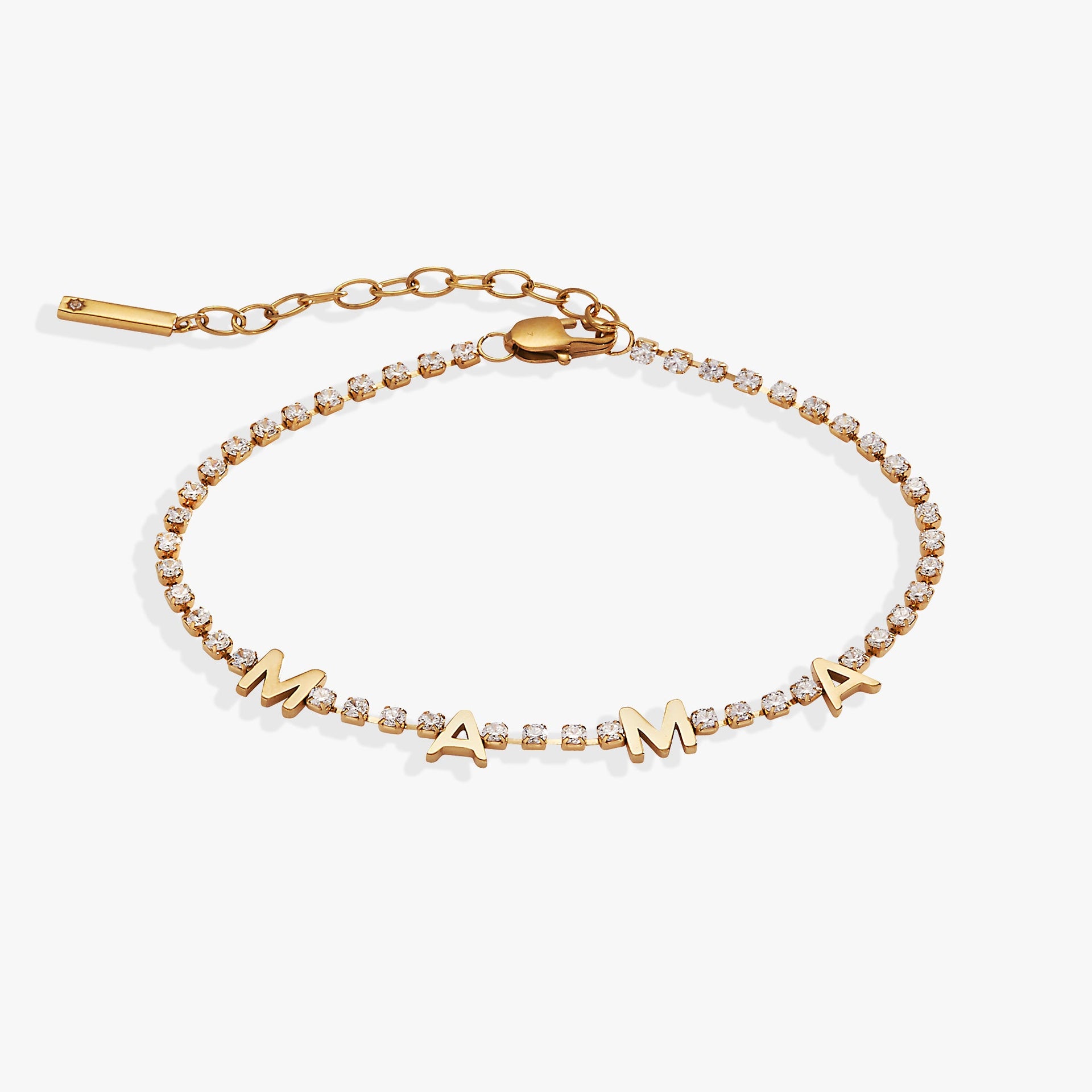 Gold-tone stainless steel tennis bracelet with crystal-set MAMA letter charms.