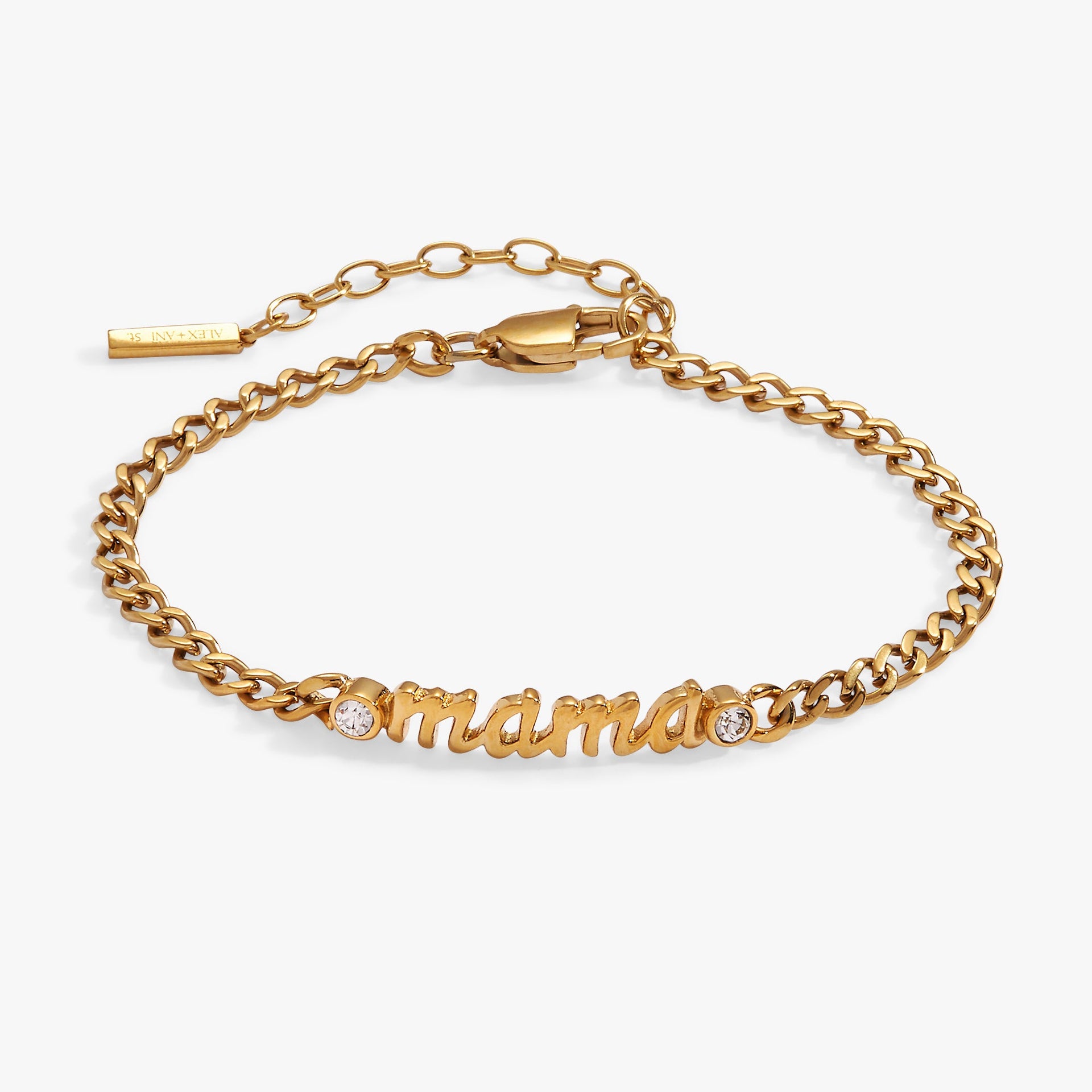 Gold-tone curb chain bracelet with 'Mama' in script font embellished with clear crystals.