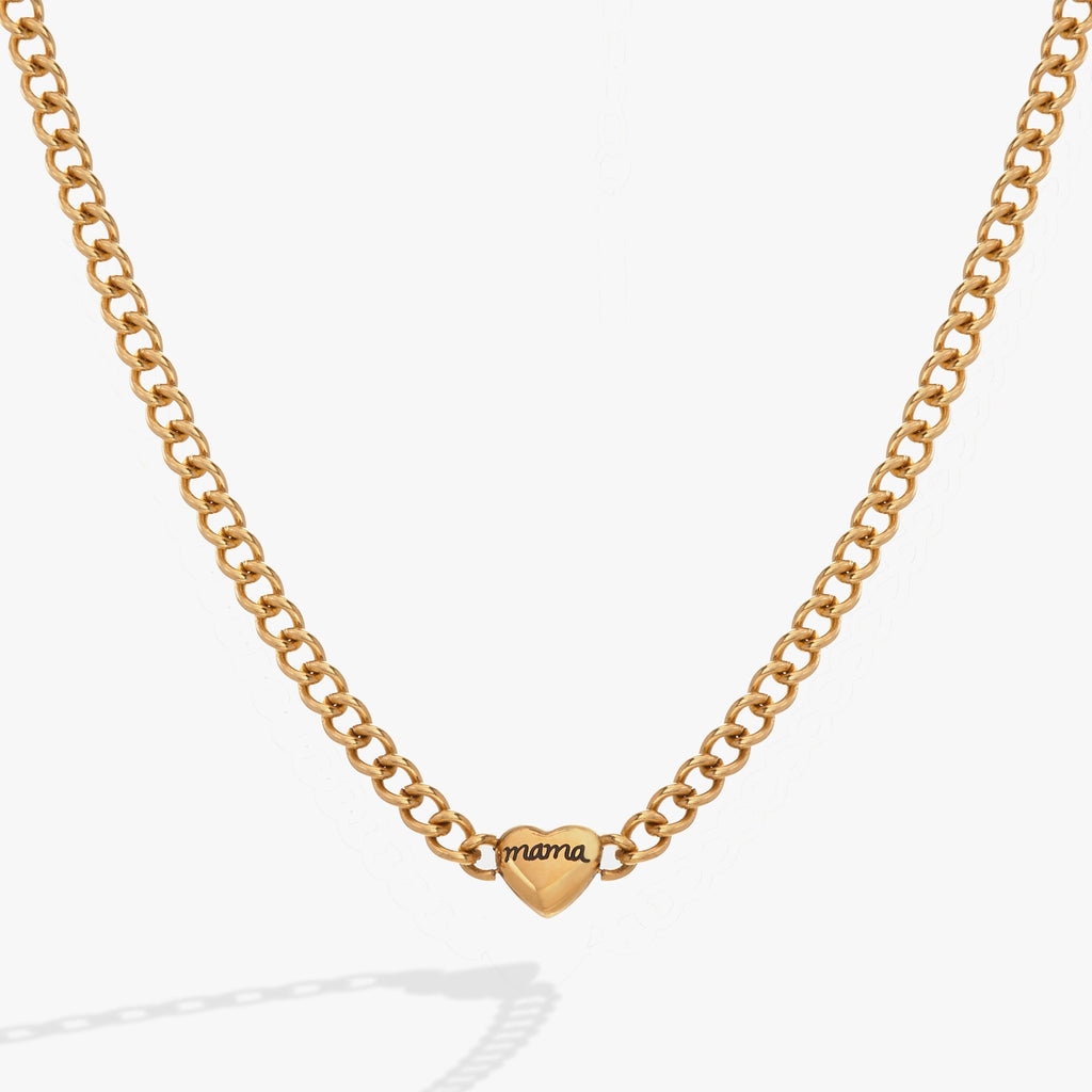 Gold-tone curb chain necklace with a heart charm engraved with Mama.