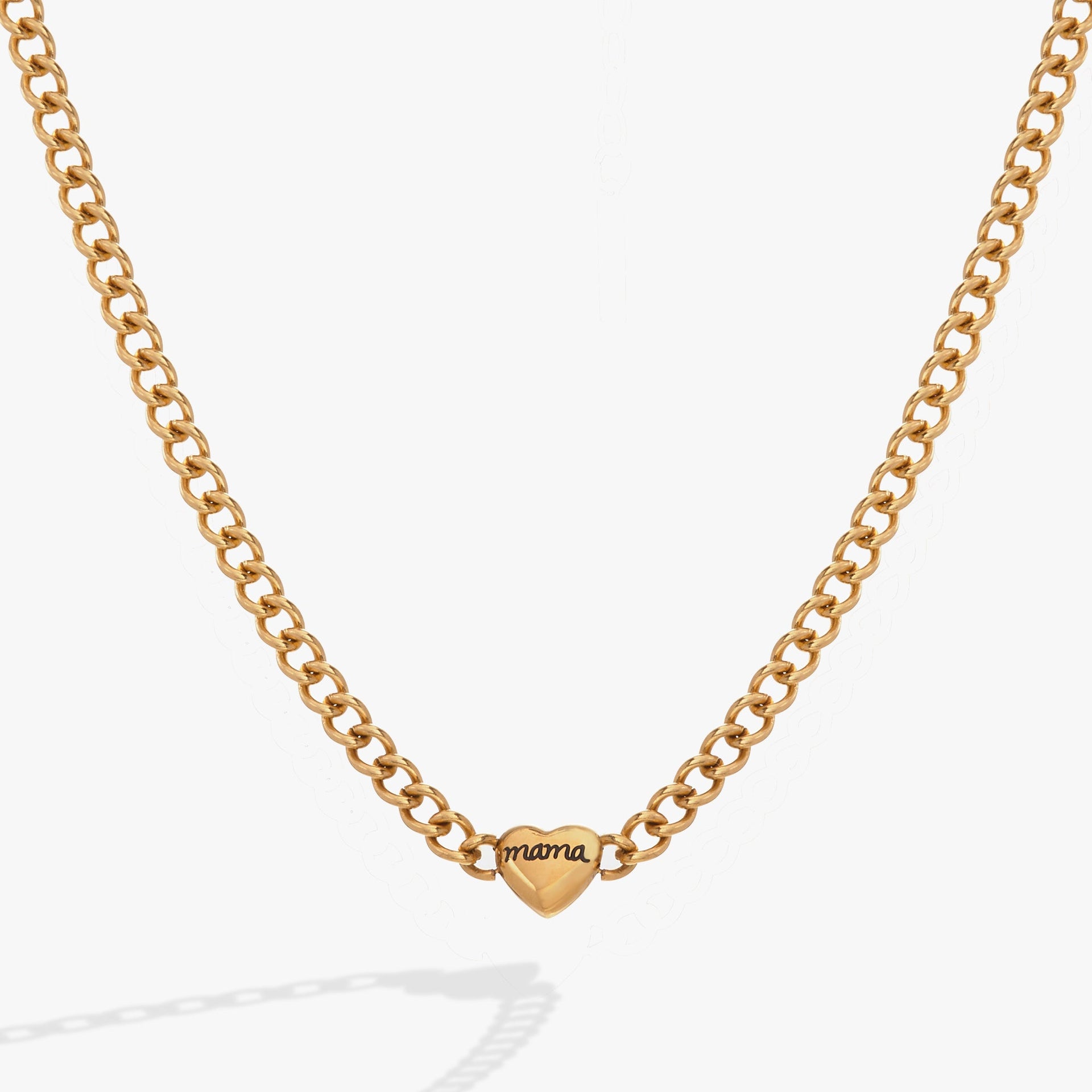 Gold-tone curb chain necklace with a heart charm engraved with Mama.
