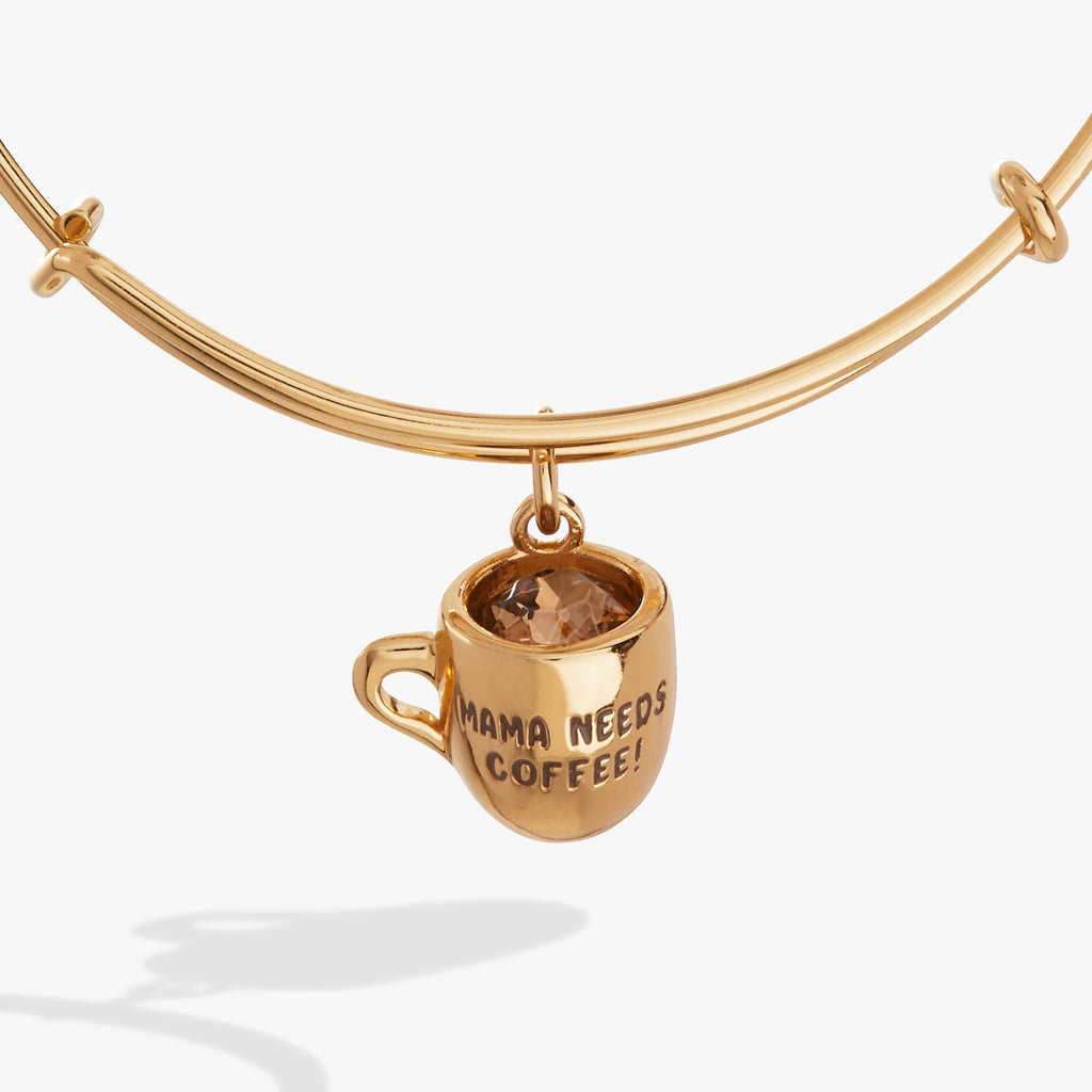 Mama Needs Coffee charm bangle featuring a coffee cup pendant with a smokey quartz crystal.
