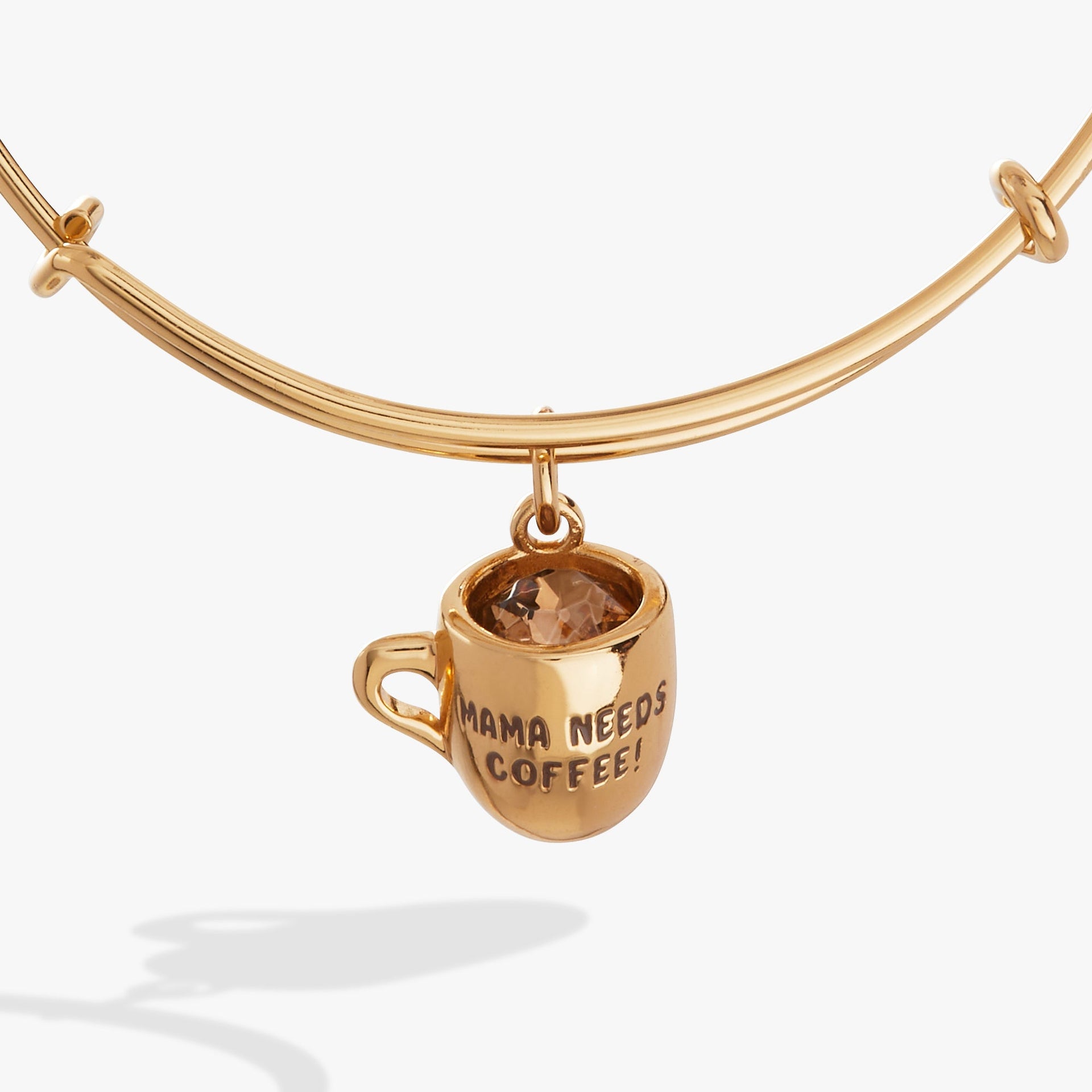Mama Needs Coffee charm bangle featuring a coffee cup pendant with a smokey quartz crystal.