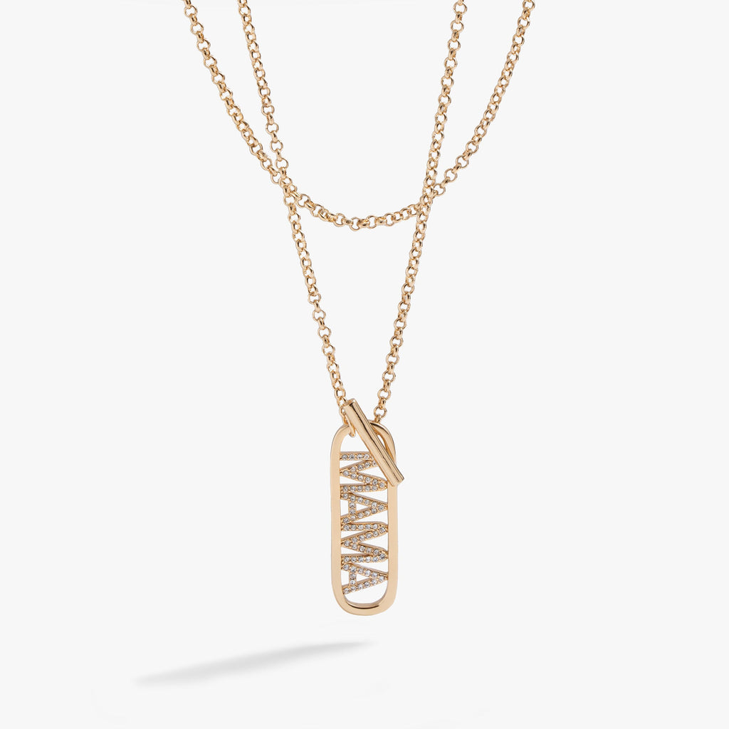 Mama pendant necklace with pavé crystals and functional toggle closure