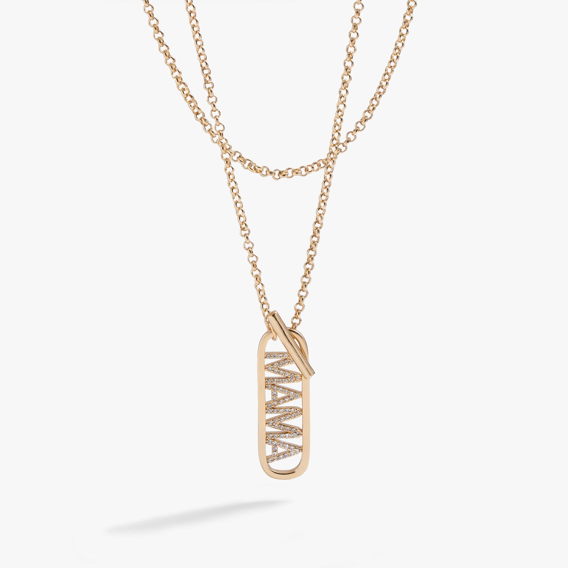 Mama pendant necklace with pavé crystals and functional toggle closure