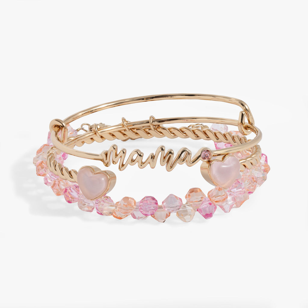 Set of 3 Mama pink beaded and wire bangles with crystal heart endcaps