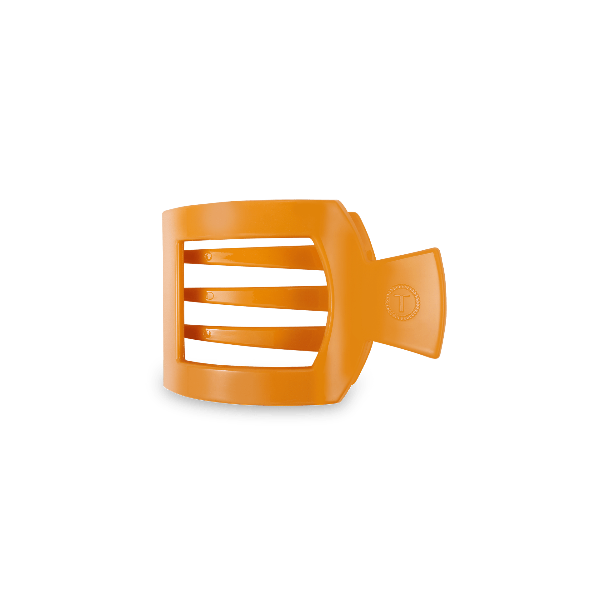 Small square hair clip in a vibrant mango orange color