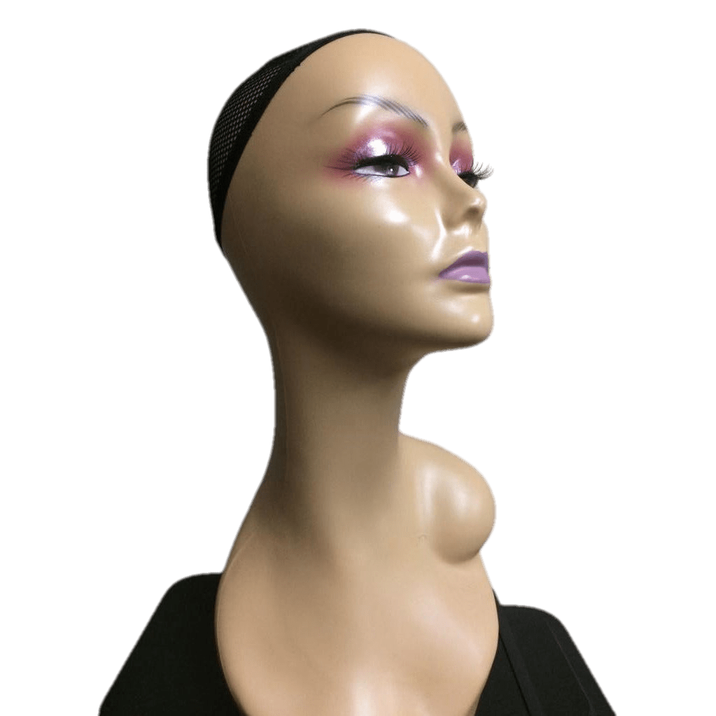 Mannequin body base for wigs in beige and black with an integrated netted cap