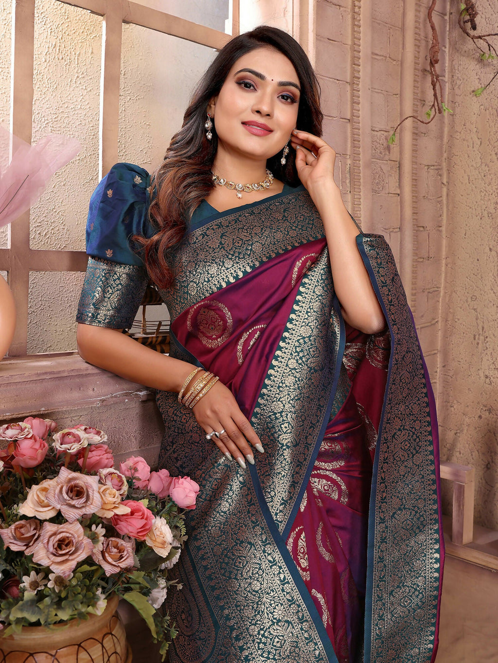 Magenta Banarasi Soft Silk Woven Saree for Weddings