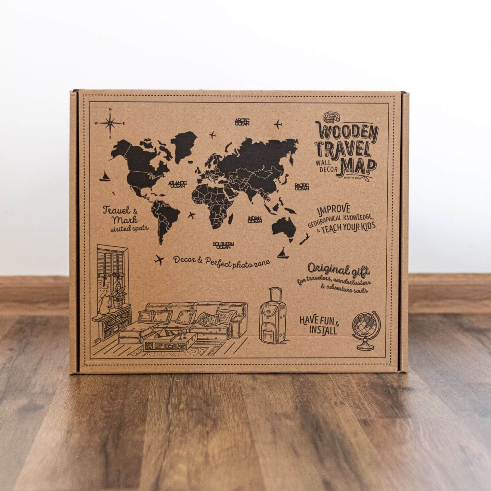 3D Wooden World Map Nordik Modern Minimalist Wall Art