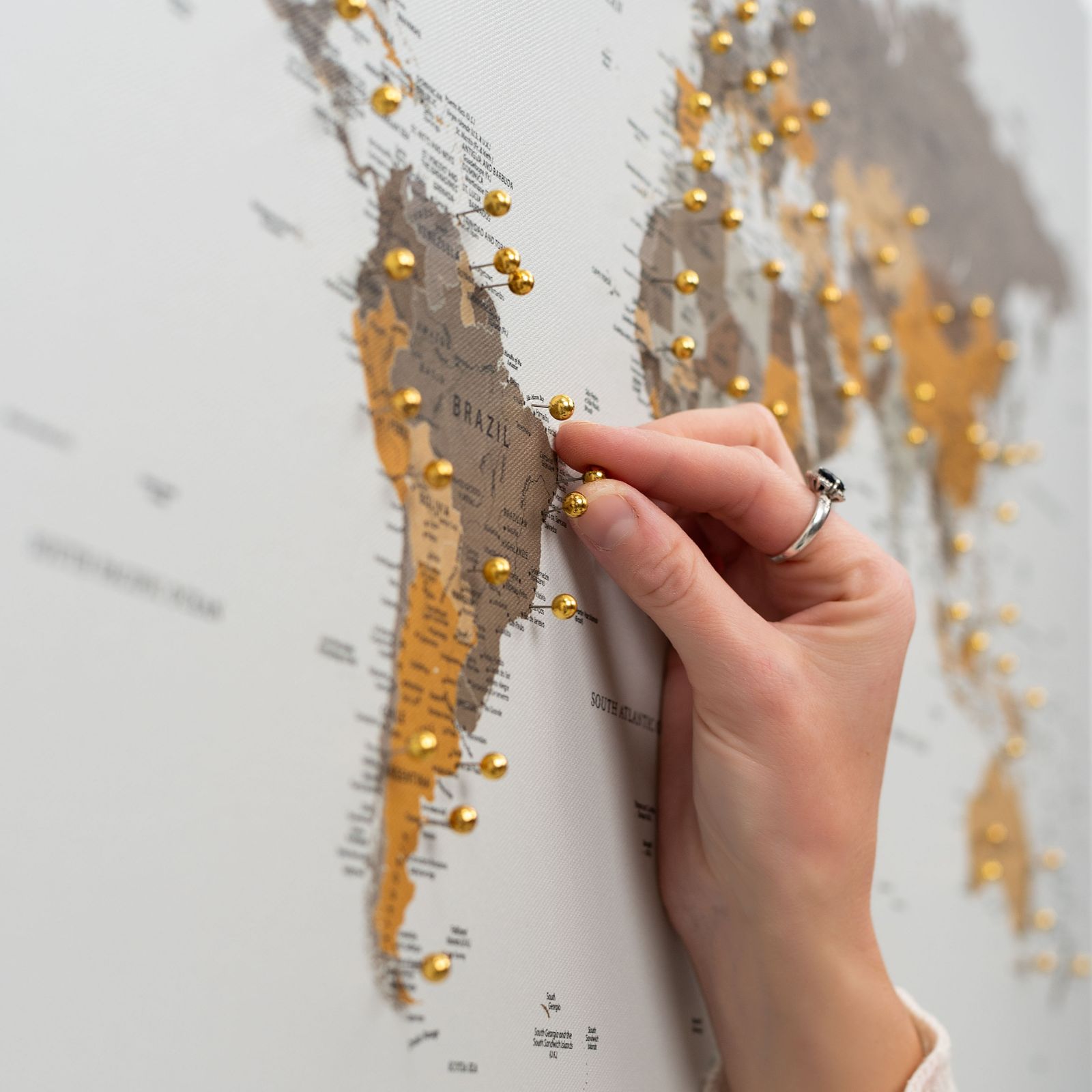 Minimalist World Map Canvas in Grey, Gold and Brown for Wall Decor