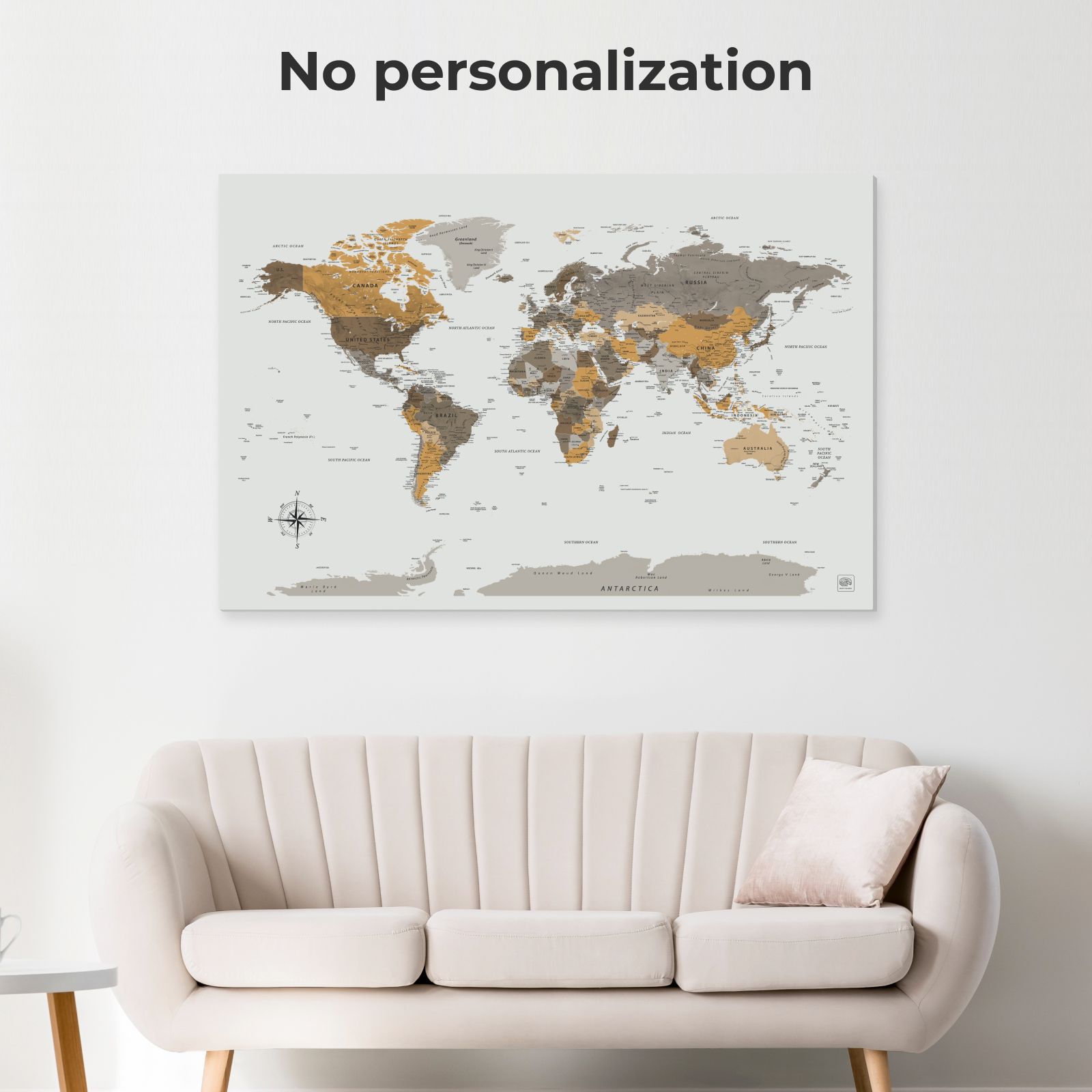 Minimalist World Map Canvas in Grey, Gold and Brown for Wall Decor