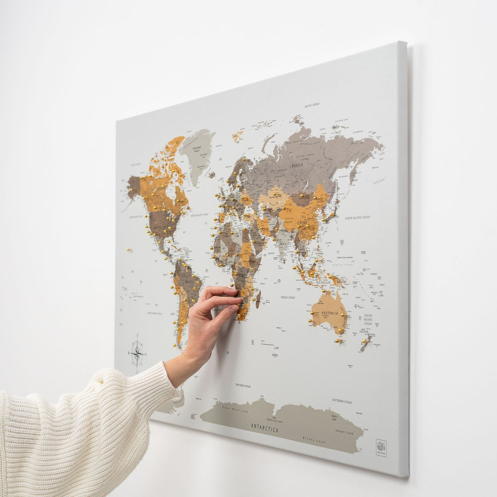 Minimalist World Map Canvas in Grey, Gold and Brown for Wall Decor