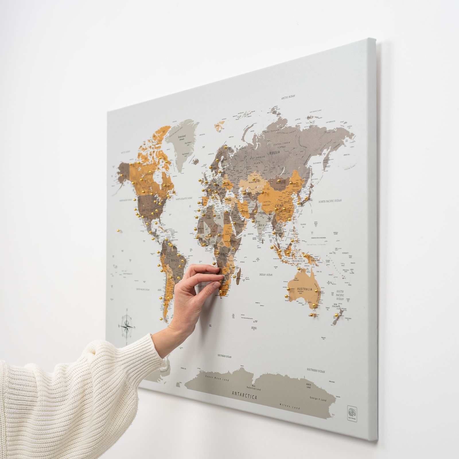 Minimalist World Map Canvas in Grey, Gold and Brown for Wall Decor