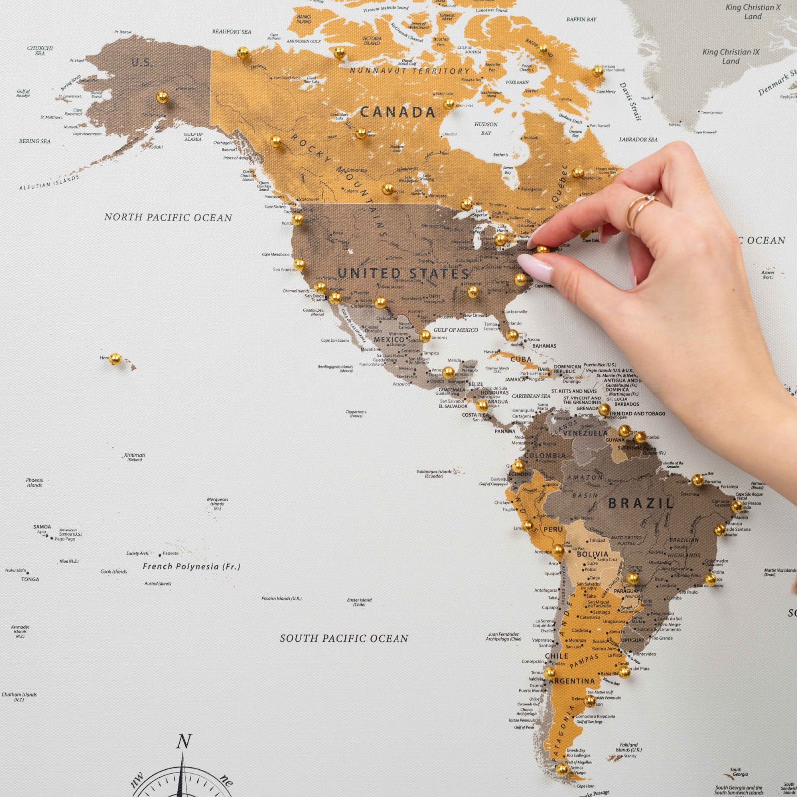 Minimalist World Map Canvas in Grey, Gold and Brown for Wall Decor