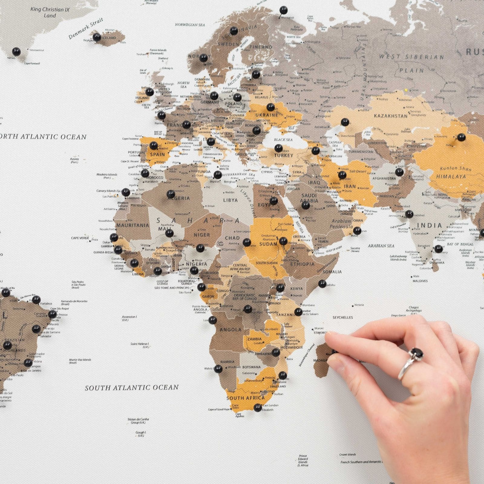 Minimalist World Map Canvas in Grey, Gold and Brown for Wall Decor