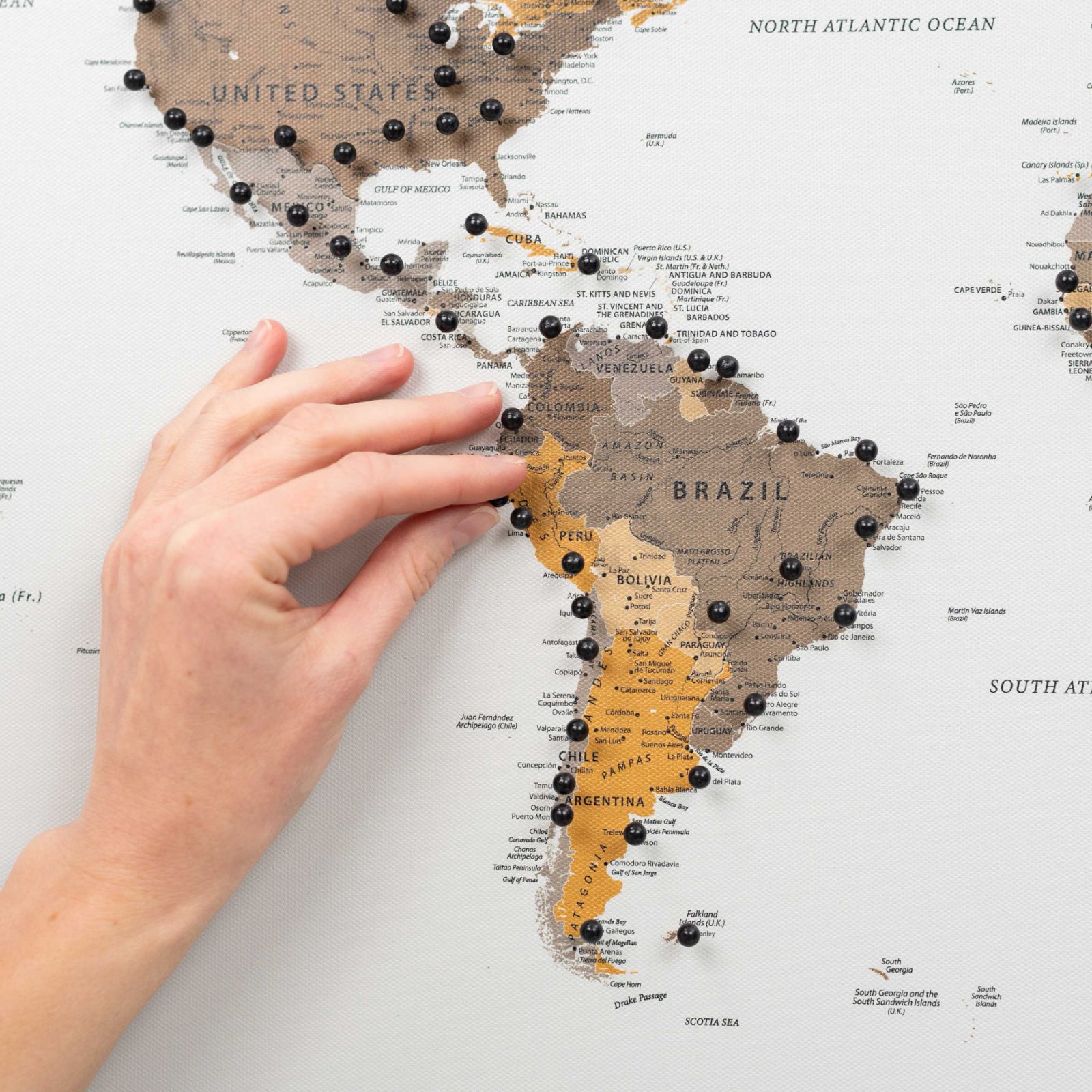 Minimalist World Map Canvas in Grey, Gold and Brown for Wall Decor