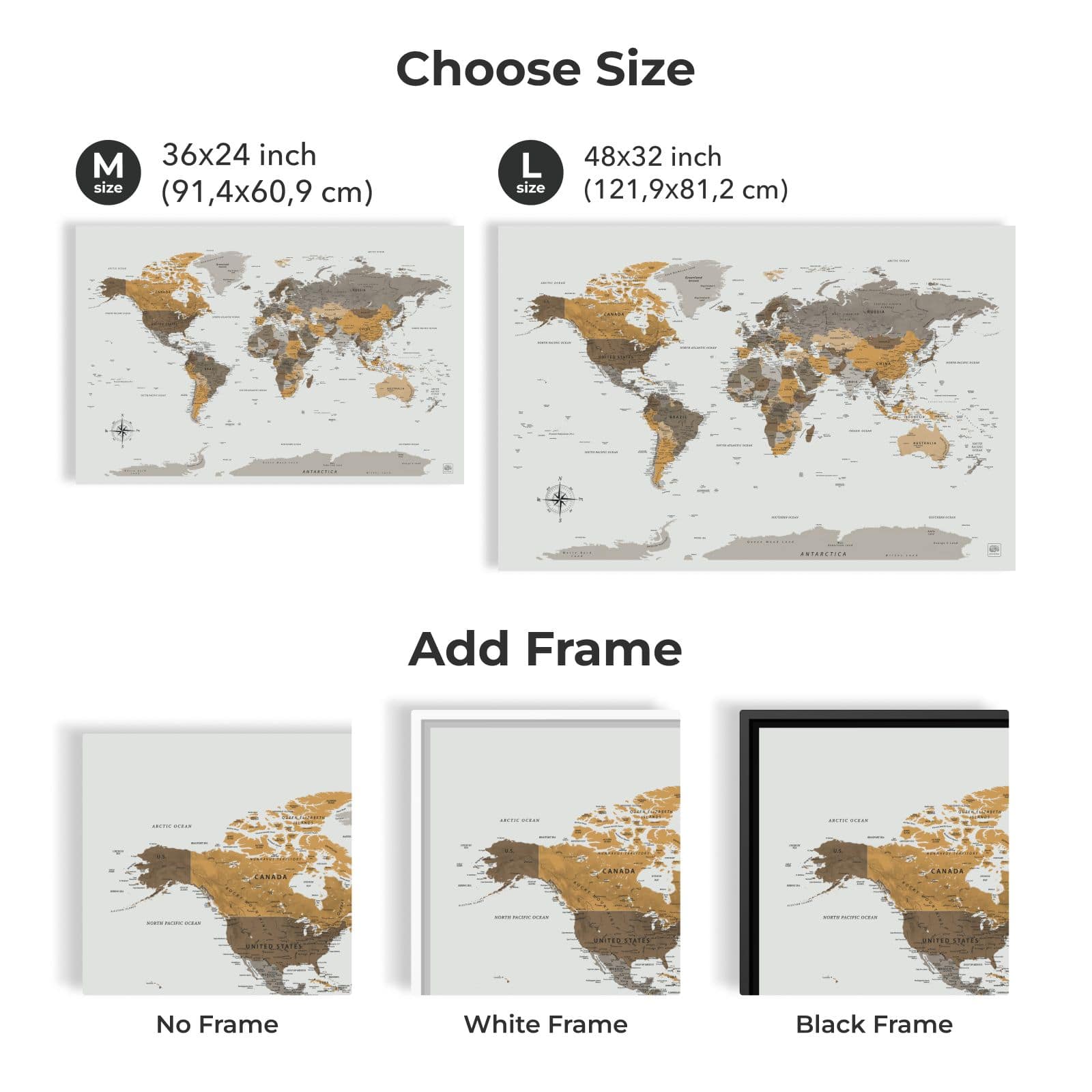 Minimalist World Map Canvas in Grey, Gold and Brown for Wall Decor