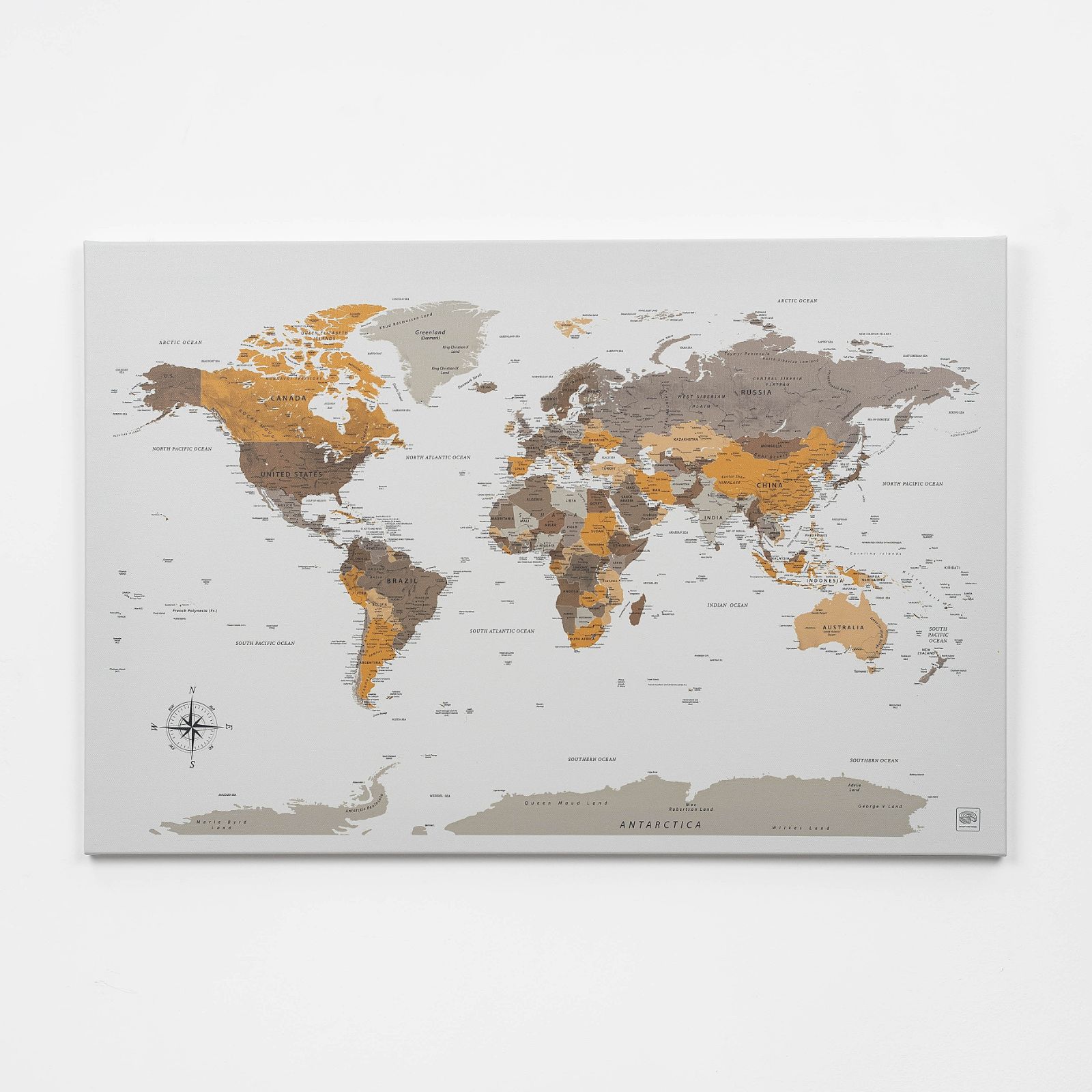 Minimalist World Map Canvas in Grey, Gold and Brown for Wall Decor