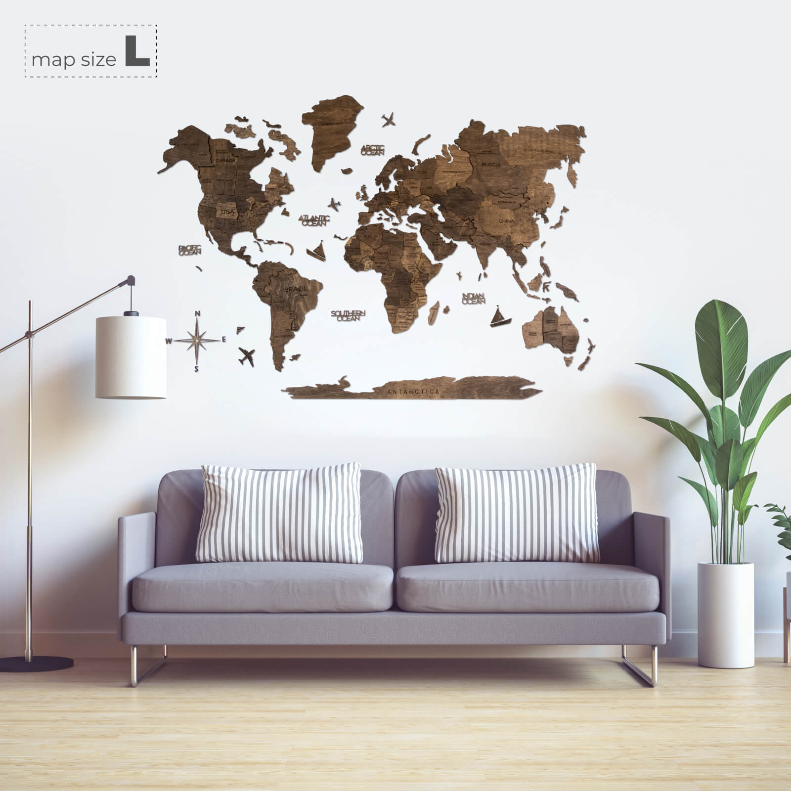 3D Wooden World Map in Dark Walnut Travel-Themed Wall Decor