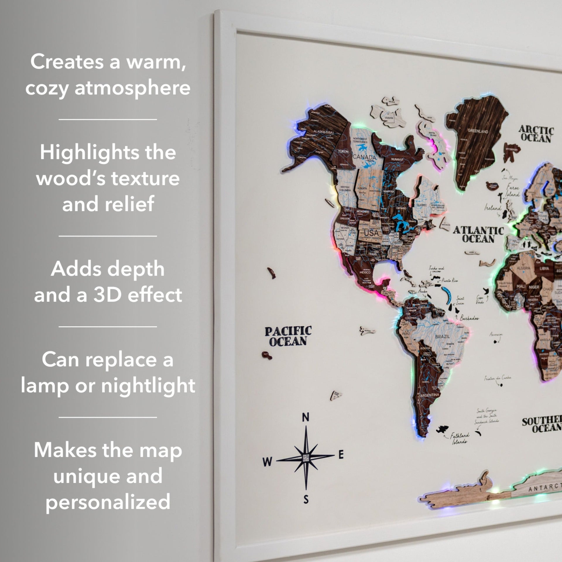 Map on Board LED 2.0 Cappuccino Cork World Map Wall Decor