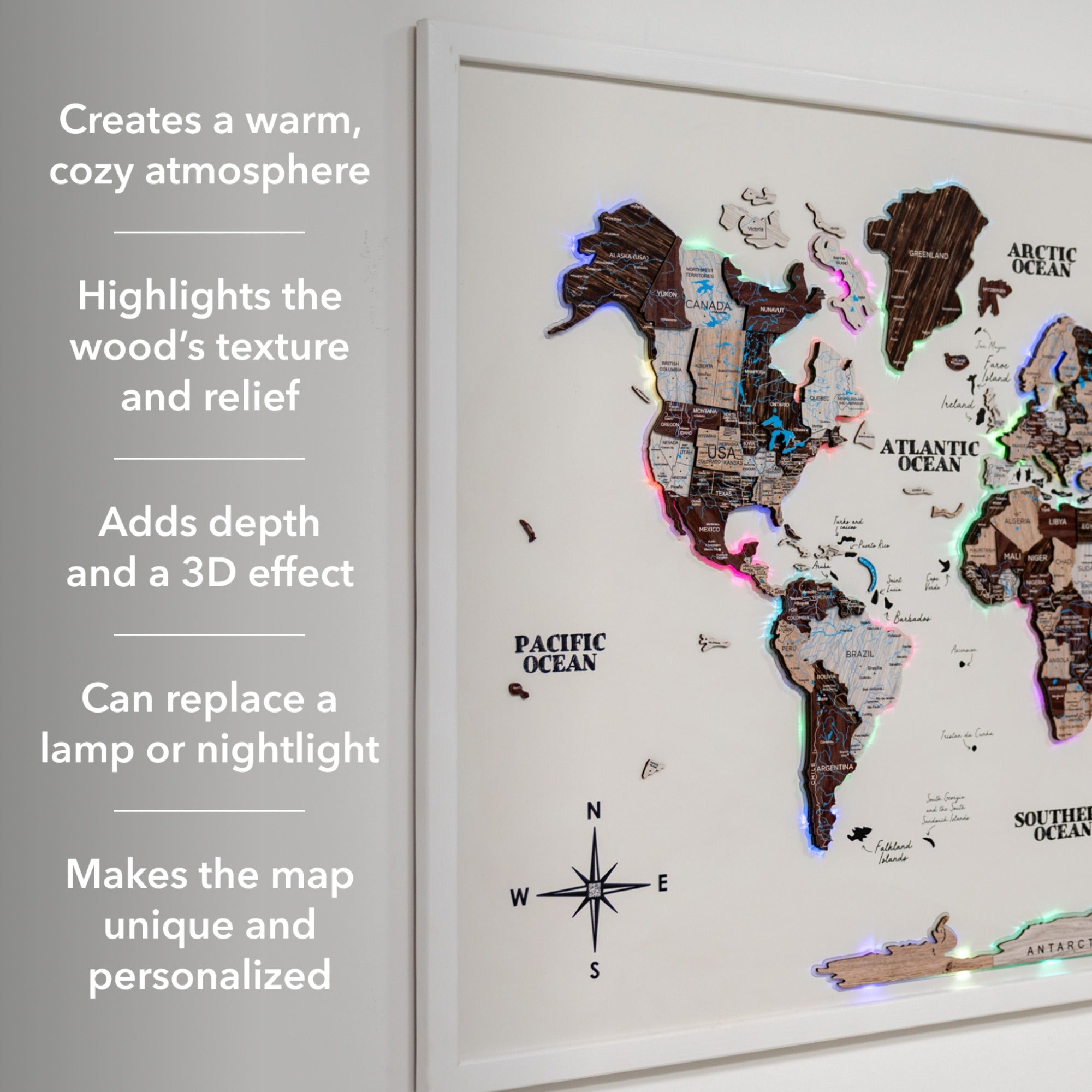 Map on Board LED 2.0 Cappuccino Cork World Map Wall Decor