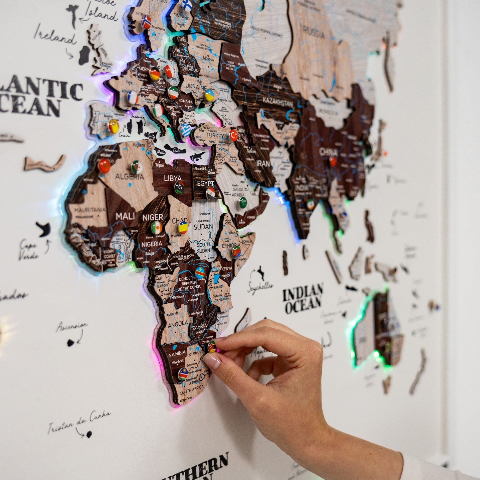 Map on Board LED 2.0 Cappuccino Cork World Map Wall Decor